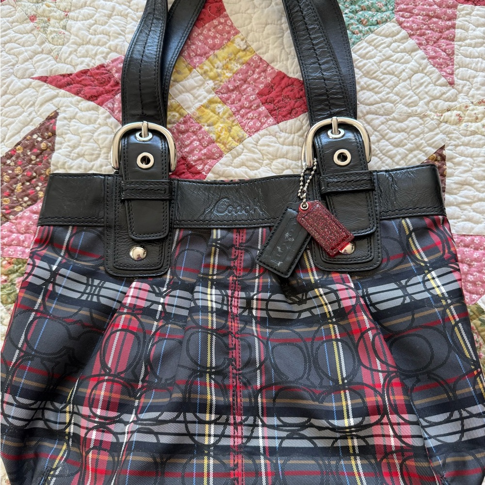 Coach Poppy Multicolor Tartan Plaid Tote with Black Leather